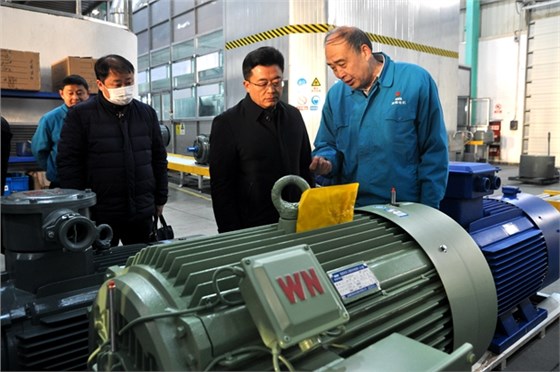 圖為管兵正在向省科技廳領導介紹皖南電機產品